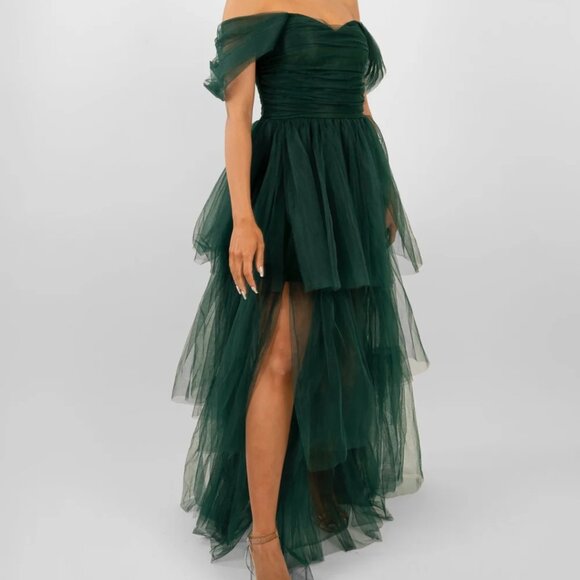 Women's Forest Green Off Shoulder Tulle "Sydney" Gown by Lace and Beads - Picture 1 of 7